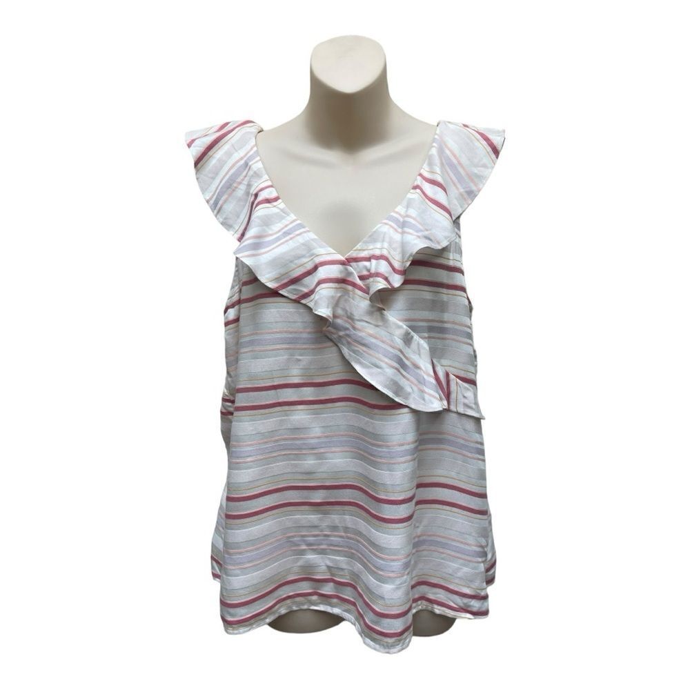 LOFT White Striped Ruffle Sleeveless Faux Wrap Shell Top Size XS Preppy Office